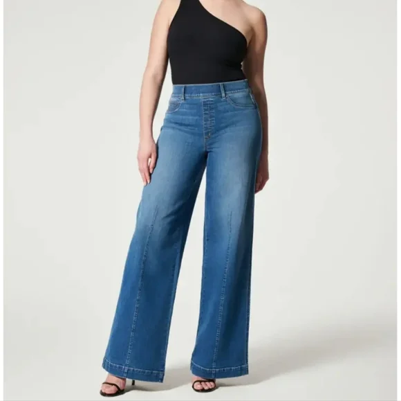 Spanx Pull On Wide Leg Jeans In Medium Wash Size Woman's Large - Picture 2 of 8